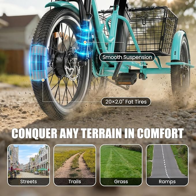 Electric Tricycle for Adults, Peak 1200W Electric Trike, Foldable Electric Bike with 468Wh/720Wh/960Wh Removable Battery, Step-Thru 3 Wheel Electric Bikes for Women Men, 20 Tire