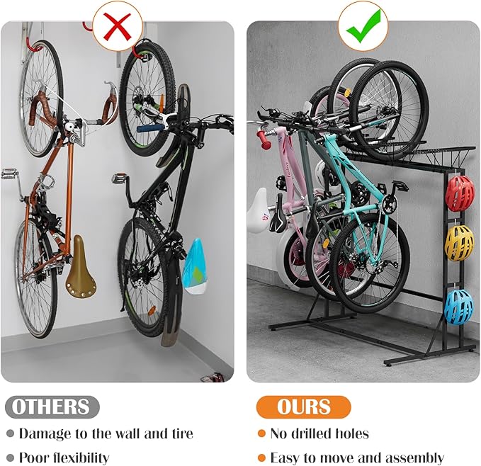 OYEAL Vertical Bike Stand, Free Standing Bike Rack Garage with 6 Hooks, Indoor/Outdoor Floor Bike Storage for 3 Adult Mountain/Road &1 Kids Bikes, Max Tire Width 2.6”, Black