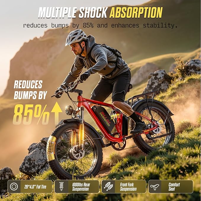6000W Dual Motors Electric Bike for Adults,60V 20Ah 26" Fat Tire Ebike,45 mph up to 100 Miles Full Suspension Class 3 Electric Bicycle for Snow Off Road Mountain Hunting Commuter