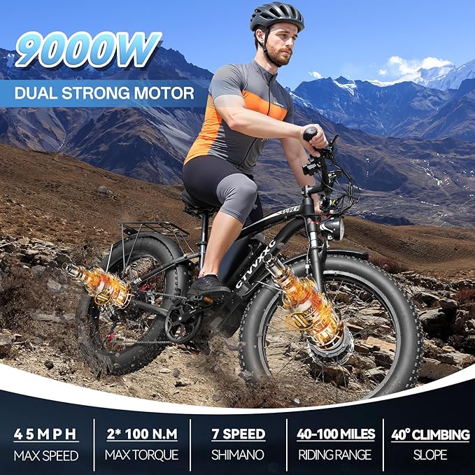 9000W Dual Motor Ebike for Adults Men 45MPH - Fast Electric Bike with 52V 34Ah Battery Up to 100 Miles,Lockable Suspension 24" Fat Tire Electric Bicycle for Off-Road Mountain Snow Commuter