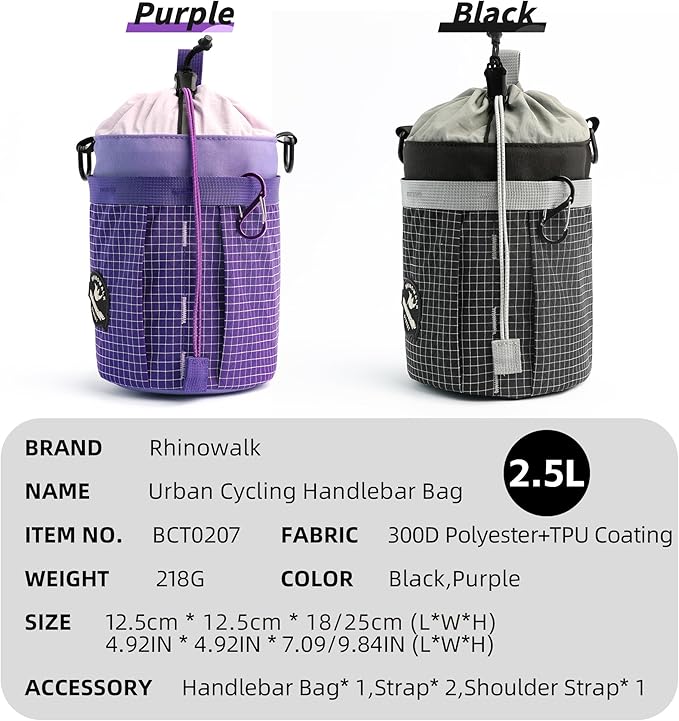 Rhinowalk Bike Handlebar Bag 2.5L Bicycle Bottle Holder Bag, TPU-Coated Handlebar Pouch with Shoulder Strap, Fits City Bikes & Folding Bikes like Brompton (Lavender Purple)