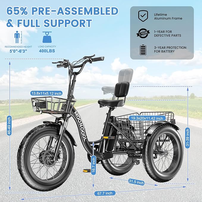 MOONCOOL 1000W 4" Fat Tire Electric Tricycle for Adults, 48V 14.5Ah All-Terrain Aluminum 20" E-Trike, Front Suspension, 7-Speed, 400lbs Max Payload