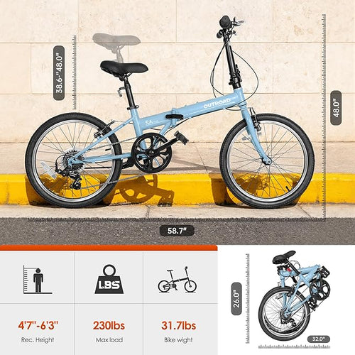 20-inch 7-Speed Folding Bike - Lightweight Aluminum Frame, Adjustable Stem, Easy Foldable Bicycle for Commuting & Storage, Multiple Colors