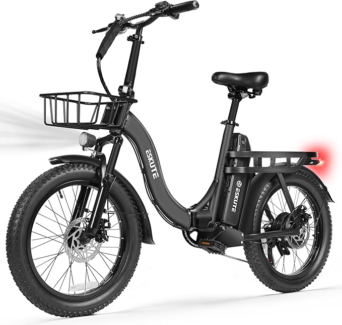 ESKUTE Electric Bike for Adults – 1200W Peak Motor, Folding 20x3 Fat Tire E‑Bike, 48V 10.4Ah Battery, Step‑Through Cargo Fold Ebike, NFC Unlock, 28 MPH, 7‑Speed, Up to 55 Miles