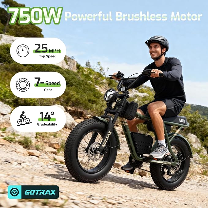 Gotrax R7 Electric Bike for Adults, 750W Motor, 25mph, Max 45-Mile Range, 20" Fat Tire, UL Certified, 48V Removable Battery, Oversized Padded Seat, Basket&Frame Bag, Easy Assembly for City&All-Terrain
