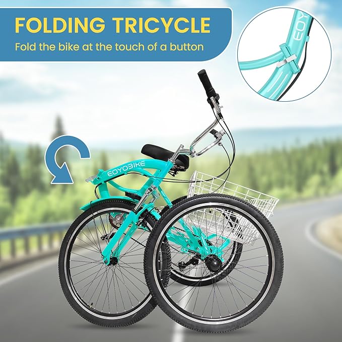 NAIZEA Folding Adult Tricycle - 7 Speed 20/24/26 Inch Folding Tricycle for Adult, 3 Wheel Bike, Foldable Trike with Large Basket/Low-Step Through for Men Women Senior