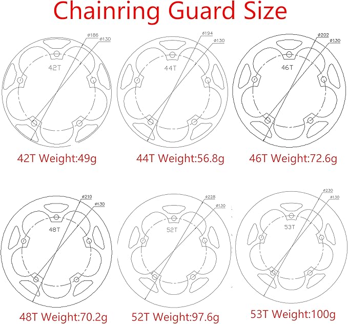 PROWHEEL Bike Chainring Guard,130MM BCD 42T/44T/46T/48T/52T/53T/54T/56T/58T/60T Aluminum Alloy Chain Ring Protector Cover for Chainring Sprockets MTB,E-Bike,Road Bike,City Bike,Folding Bike