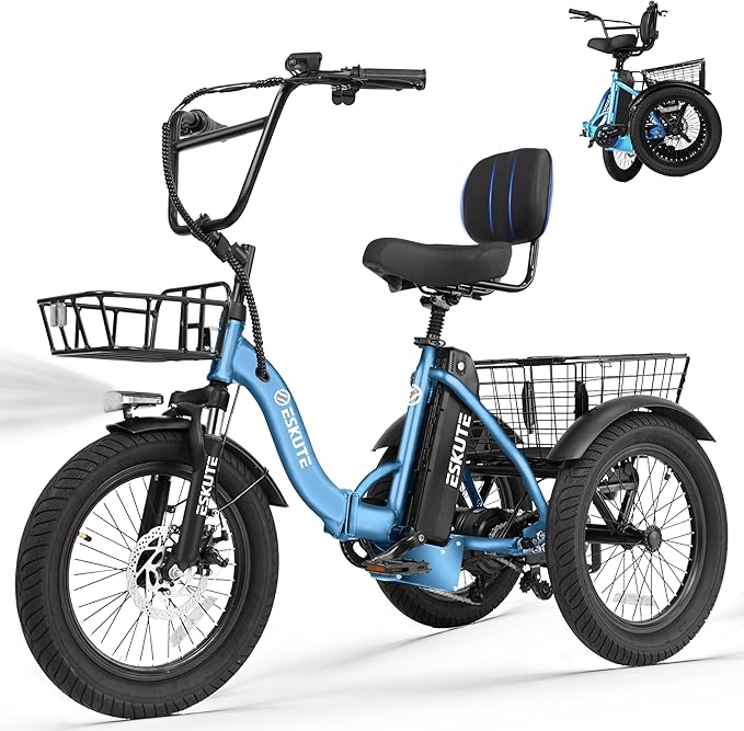 T300 Adults Electric Trike Bike, 1200W Peak Motor & 624Wh Removable Battery,18x3.0 Fat Tire Foldable 3-Wheel E-Bike with Step-Thru Design, Up to 65 Miles, Gift for Parents