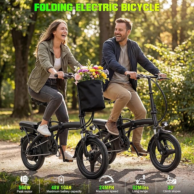 Electric Bike for Adults Teens, Commuter City Folding ebike with 560W Motor and 48V Battery, 24MPH 3-Level Pedals Assist, Dual Disc Brakes,14" Compact Foldable Electric Bicycle with Lock