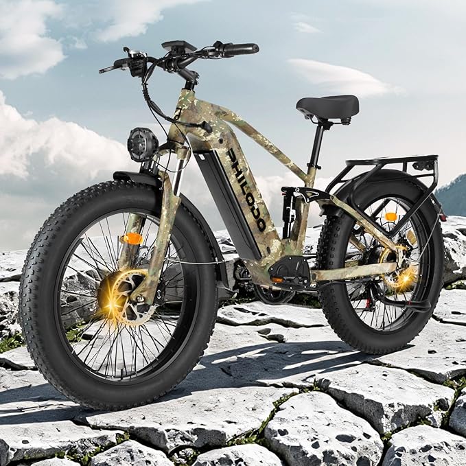 PHILODO Electric-Bike for Adults, Dual-Motor-Ebike Hunting-Ebike 5000W, 60V 32AH Long Range Dirtbike, Fat-Tire-Electric-Bicycle, Full Suspension for Off-Road Snow Sand