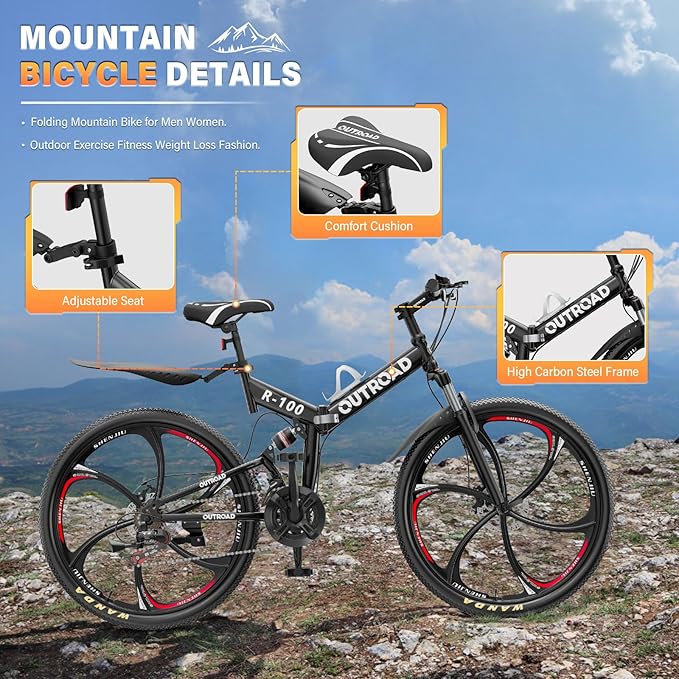 26 inch Folding Mountain Bike, Carbon Steel Frame and 21 Speed, Double Disc Brake and Dual Suspension Folding Bike for Adults/Men/Women, Easy Assembly Bicycle(Black/Green/Orange)
