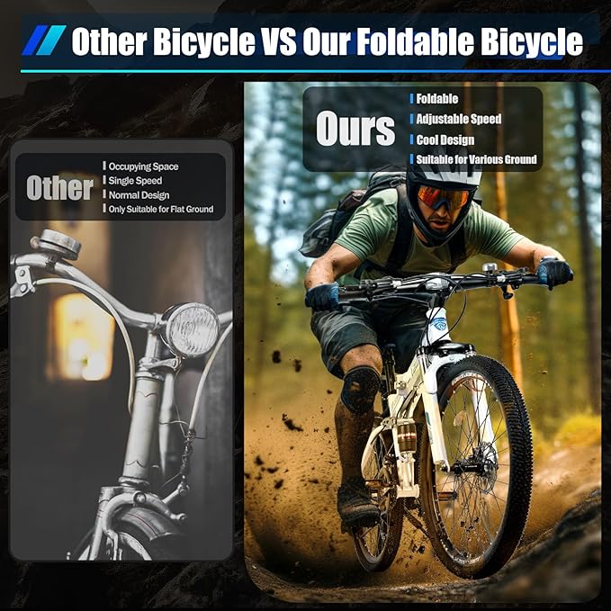 TFCFL 26" Folding City Bike Bicycle, 21-Speed Folding Bicycle for Adult, Camping Bicycle, Height Adjustable Folding Bike,with Mudguard, Mountain Bicycle for Roadways, Mountains, Racing, Blue&White