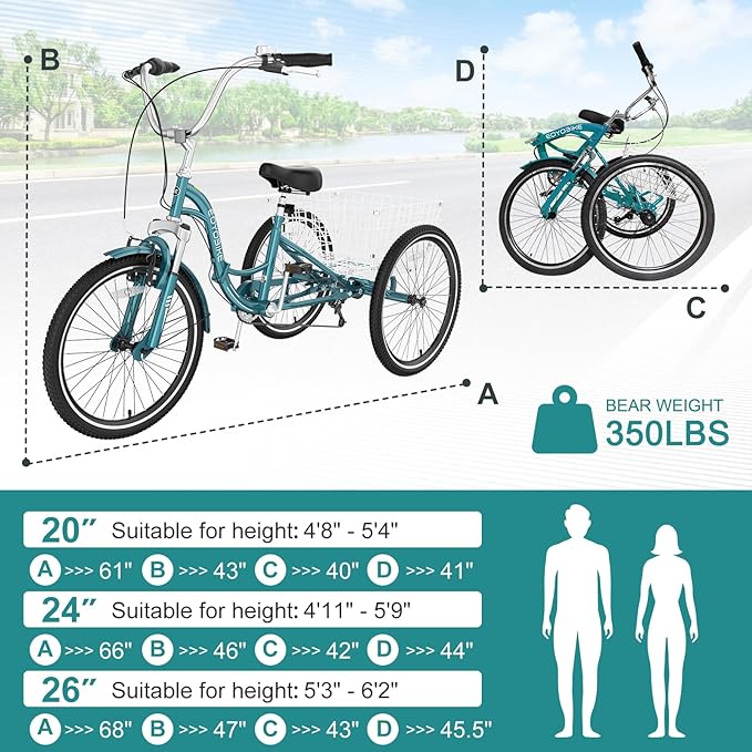 MOPHOTO Adult Folding Tricycle, 7-Speed 3 Wheel Bike for Adults, Seniors, Women & Men, 20/24/26 Inch Low Step-Through Trike with Large Rear Cargo Basket, Adjustable Seat, Space-Saving Cruiser Bicycle