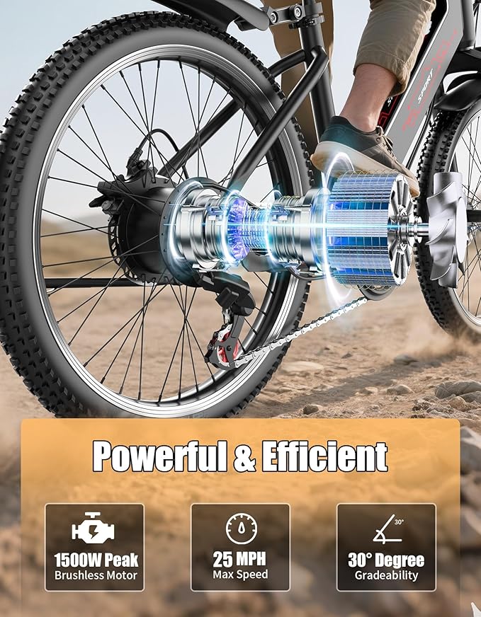 Electric Bike for Adults, 1500W Peak E bike with 48V 12Ah Internal Removable Battery, 26" Electric Bicycle Up to 25MPH, 65 Miles Long Range, 5 Modes & 7 Speeds, Lightweight Cruiser E-bike for Commute