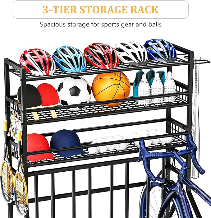YOHKOH Bike Rack Garage, 4 Bike Stand with 3-Tier Storage Shelves & Side Holder, Heavy-Duty Bicycle Storage Rack for Garage Organizer, Adjustable Slots, 47.2" W x 22" D x 63" H