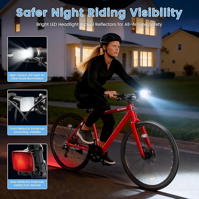 700C Hybrid Bike for Adults, Lightweight Aluminum City Commuter Bicycle, 8-Speed Urban Fitness Bike for Men & Women, Dual Disc Brakes, Upright Handlebar, LED Headlight & Reflectors