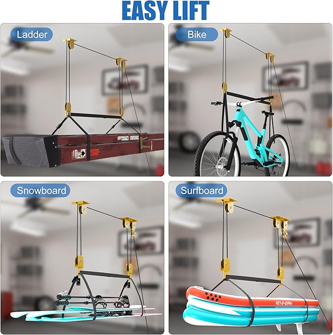 Ladder Storage Pulley Hoist, Self Locking Function Ladder Hanger, Garage Ceiling Mount Lift System for Lightweight Kayak, Ladder, Bike, Surfboard, Hold 80 lbs