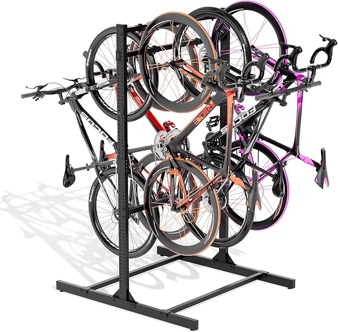 Freestanding Bike Rack Storage, 6 Bike Rack Adjustable Height, Space Saving, Vertical Floor Stand Bike Storage Garage for Backyard, Garage Organizer, Workplace, Up to 600 LBS (Upgraded 6 Bike Rack)
