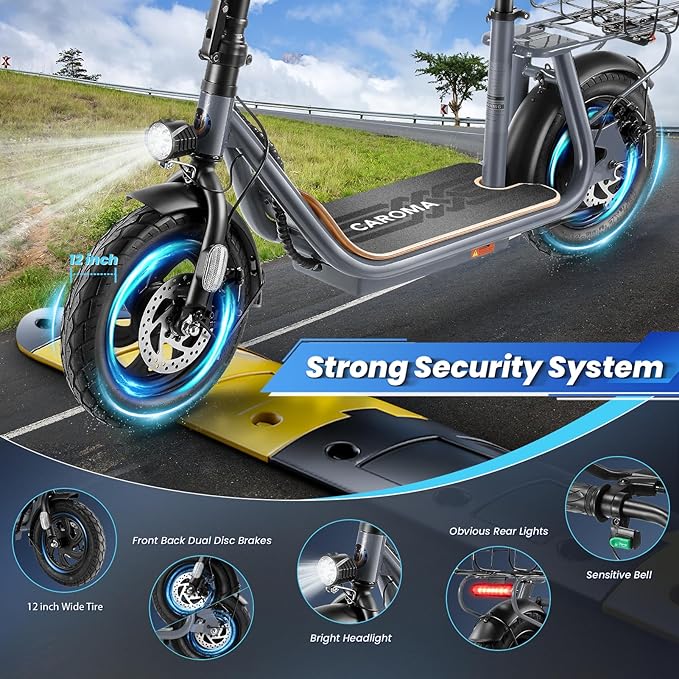 Caroma Peak 1200W/800W Electric Scooter with Seat, 30 Miles Max Range, Electric Scooter Adults, Up to 20MPH Foldable Escooter with Basket,Key Start Adjustable E-Scooter