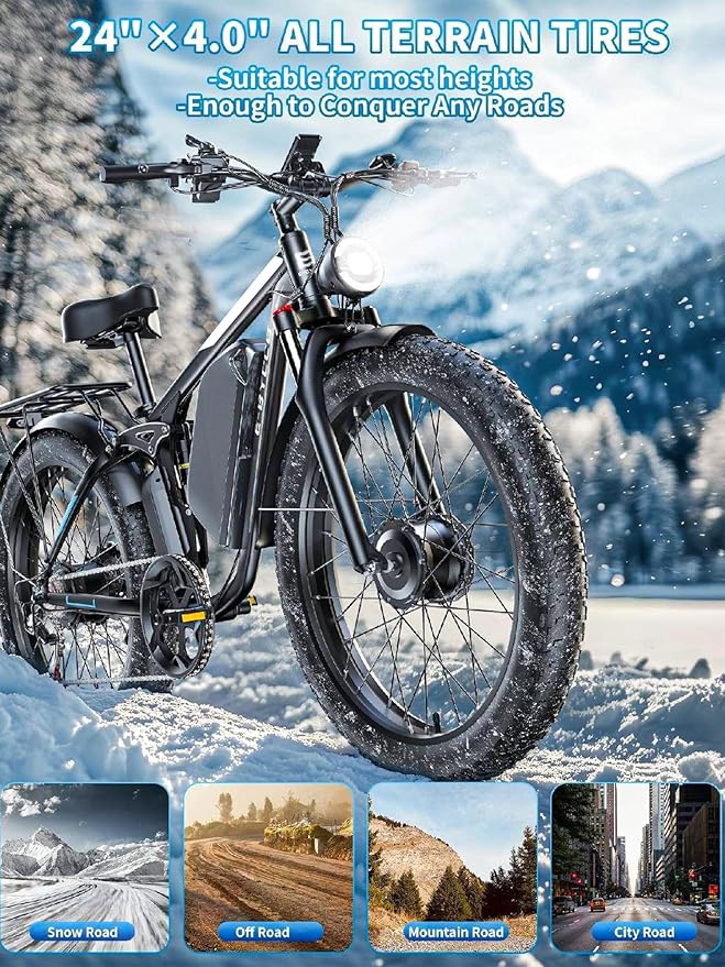 6000W Electric Bike for Adults, 52V 32AH Dual Motor E-Bike, Up to 100Mile & 45MPH All-Terrain Fat Tires Full Suspension 24/26 Inch Electric Bicycles Hydraulic Disc Brake for Road UL2849 by SGS