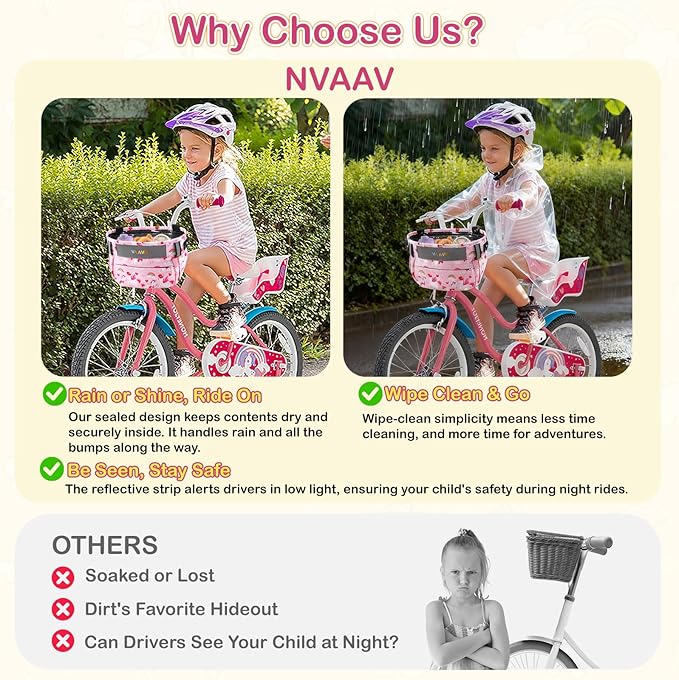 Kids Bike Basket Bag, Waterproof Bicycle Basket Pouch for Girls Boys 6-10, Children's Front Handlebar Bag with Reflective Safety Strap & Detachable Shoulder Strip, Fit Toddlers Bikes Tricycle Scooter