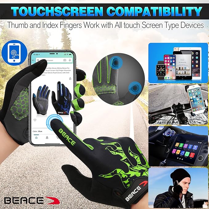 BEACE Cycling Gloves for Men Women - Full Finger Mountain Bike Gloves With Touch Screen and Anti-Slip Silicone Palm - Workout and Road Bicycle Gloves
