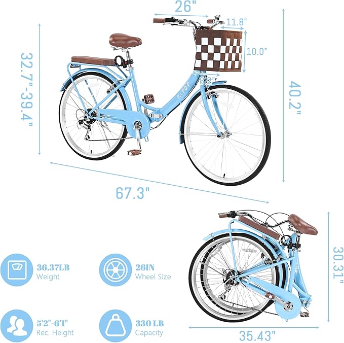 24/26 Inch Foldable Beach Cruiser Bike for Women, 7 Speed Folding Bikes for Adults, Womens City Bike with Basket & Adjustable Seat, Step Through Commute Bikes for Women Adults