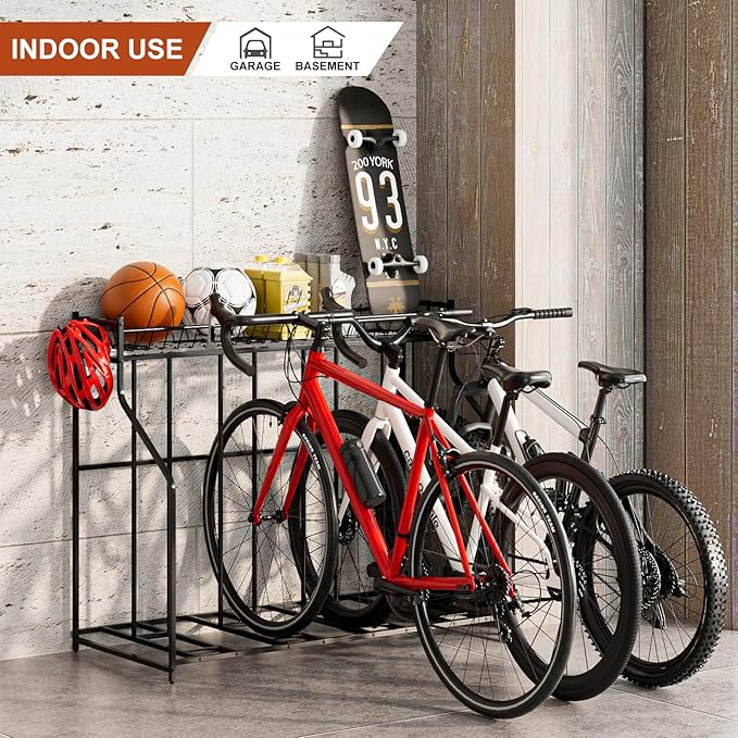 4 Bike Stand, Bike Rack Garage with Storage Rack, Bicycle Stand for Garage Organizer, Indoor Sporting Gear Storage Station for Mountain/Road/Hybrid & Fat Tire Bike
