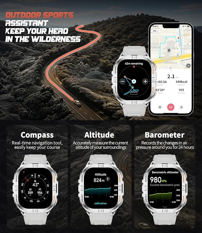 LIGE DM6 GPS Military Smart Watch for Men, 170+ Sport Modes/LED Flashlight/Compass/2.13'' AMOLED Smartwatches, IP68 Waterproof Fitness Watch, 600mAh/Pedometer Smart Watches for Android iOS, Sliver