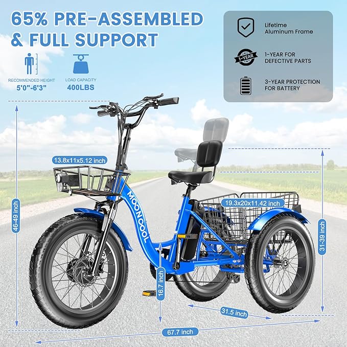 MOONCOOL 1000W 4" Fat Tire Electric Tricycle for Adults, 48V 14.5Ah All-Terrain Aluminum 20" E-Trike, Front Suspension, 7-Speed, 400lbs Max Payload