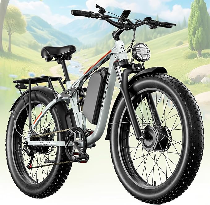Electric Bike, 52V 25Ah 4000W Dual Motors, 24" Fat Tires Adult, 38mph Up to 110 Mile Range, Full Suspension, Hydraulic Brakes Class 3 Ebike, for Off-Road Mountain Riding Adventures