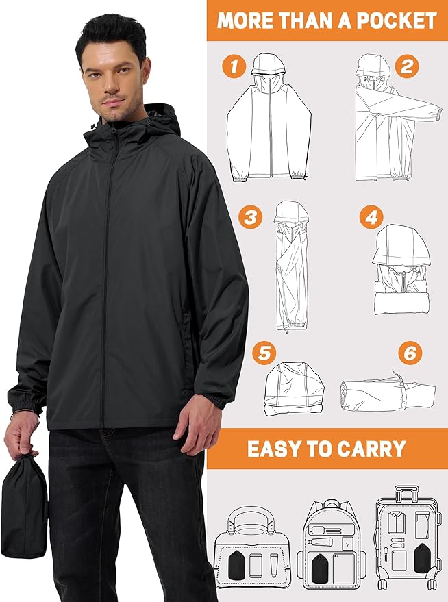 Men's Rain Jacket Windbreaker Waterproof Jacket Raincoat Cycling Running Hiking Gear Hood Lightweight Packable