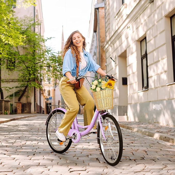 Betterland Beach Cruiser Bike for Women, 24/26 inch Hybrid Bike with Adjustable Seat, Womens Bike with Front Basket and Dual V-Brake, Step Through Comfort Bicycle for City Commuter