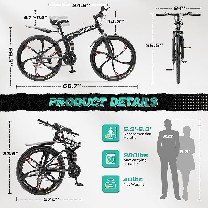 Betterland 26 Inch Mountain Bike, 21 Speeds Full Suspension Folding Bikes, Dual Disc Brake, High Carbon Steel Frame and Non-Slip Quick Release tire Bicycle for Adult