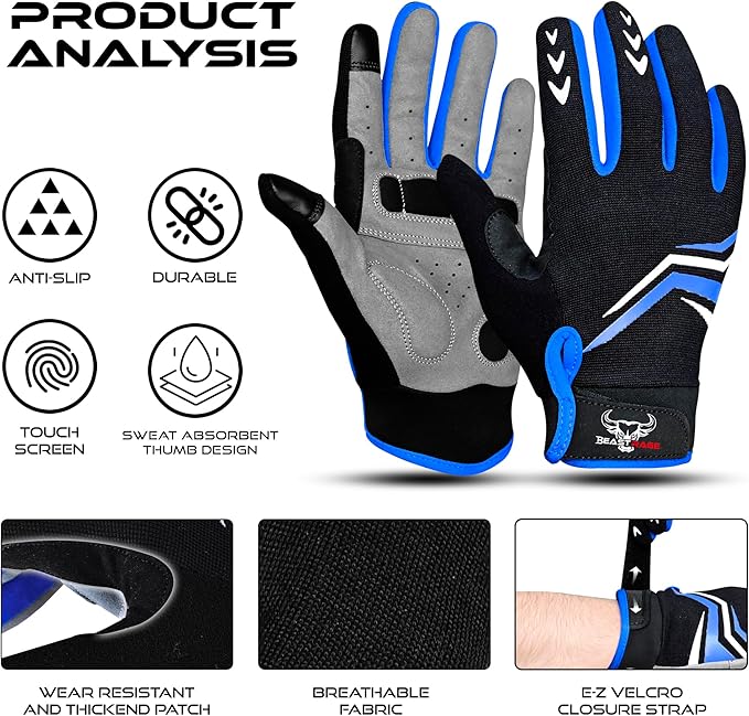 BEAST RAGE Full Finger Cycling Gloves with Padding for Men Women, Anti-Slip, Shock Absorbing, Breathable, Touchscreen Mountain Bike Gloves for BMX, MTB Riding, Road Racing, Bicycle