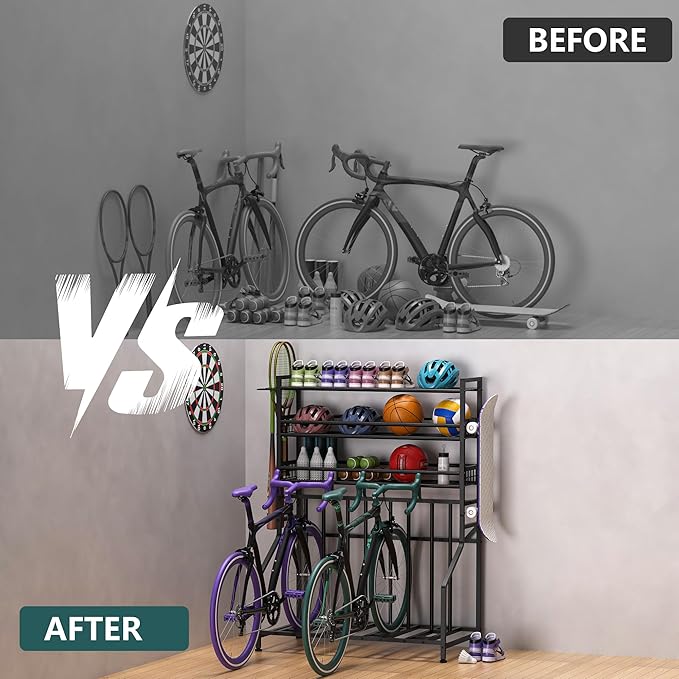 GIOTORENT Bike Rack Garage, 4-Bicycle Stand with 3-Tier Storage Rack, Adjustable Bike Storage for Mountain, Road, Commuter & Fat Tire Bikes, Garage Organizer with Hooks for Sports Gear