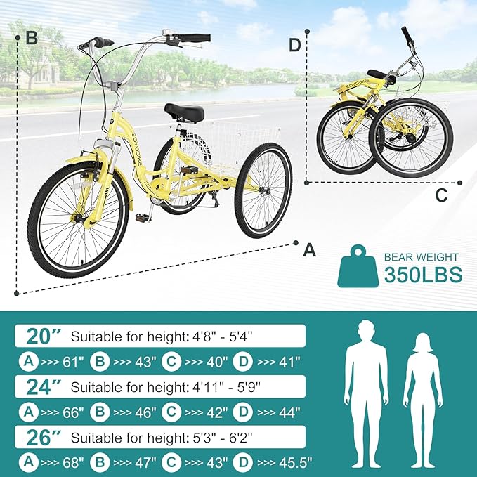 MOPHOTO Adult Folding Tricycle, 7-Speed 3 Wheel Bike for Adults, Seniors, Women & Men, 20/24/26 Inch Low Step-Through Trike with Large Rear Cargo Basket, Adjustable Seat, Space-Saving Cruiser Bicycle