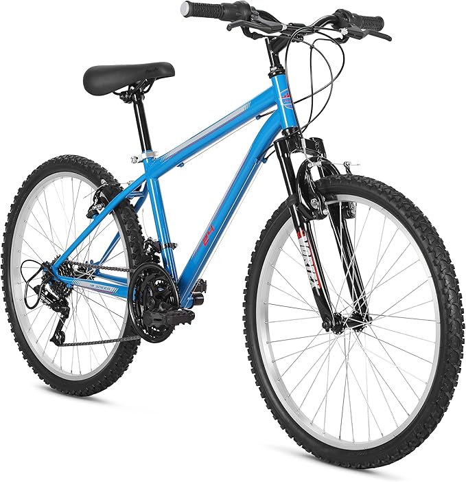 Pacific Mountain Sport Bike, 24 or 26 inch Mountain Bike for Youth and Adults, 18 Speed, Steel Frame, Knobby Tires, Front Suspension Fork, Twist Shifters, Linear Pull Brakes, Youth and Adult Bicycle