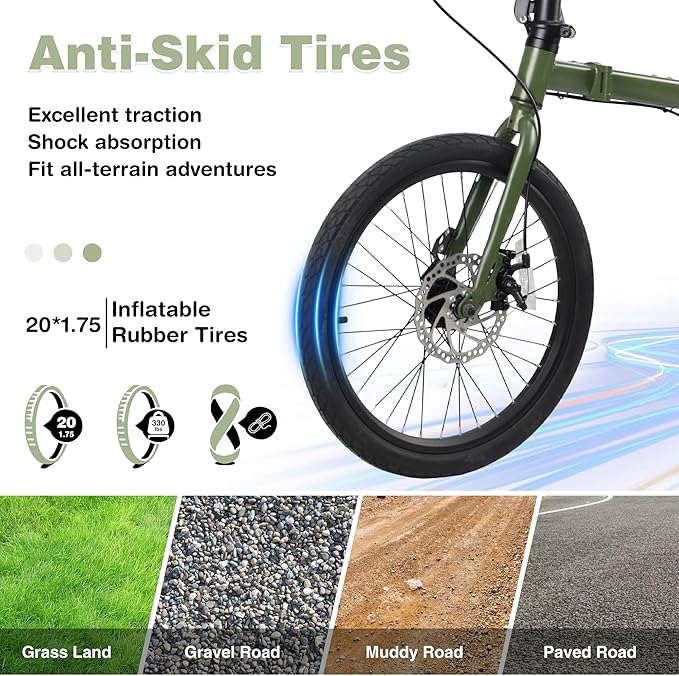7-Speed Folding Bike, 20" x 1.95" Tires, Tri-Fold Design with Rear Rack Wheels, Steel Frame, Ideal for Urban Commuting