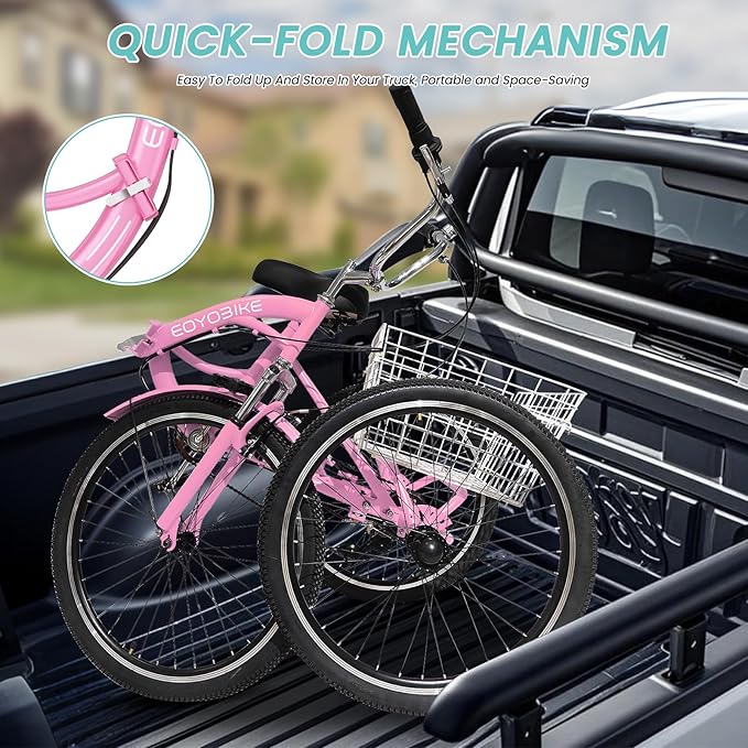 LILYPELLE Adult Folding Tricycles, 7 Speed Folding Adult Trikes, 20/24/26 inch 3 Wheels Bikes with Low Step-Through, Large Basket, Foldable Tricycle for Adults, Women, Men, Seniors