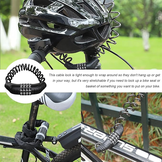 2PCS Motorcycle Helmet Cable Lock, Anti-Theft Helemt Cable Locks with 4-Digital Combination Code, Retractable Cable Lock for Motorbike Helmet Bicycle Saddle Luggage Stroller (Black)