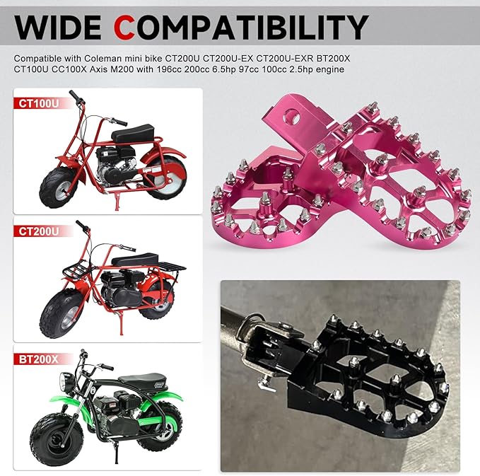 Mini Bike Foot Pegs CNC Anti-Slip Wide Footpegs for Coleman CT100U CT200U BT200X CC100X CRF XR 50 70 110 125 SSR Apollo TaoTao Motorcycle Dirt Bike Pit Bike Pedals Deep Pink