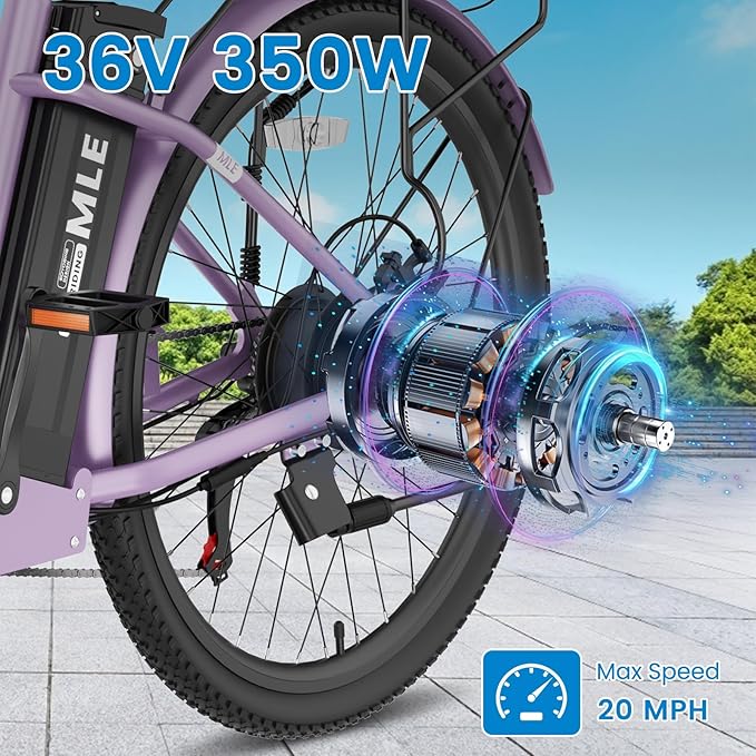 350W Electric Bike for Adults, 20MPH 7-Speed Commuter Ebike with 36V 10.4Ah Battery, Aluminum Frame, Front Suspension, Dual Disc Brakes, E Bicycle with Basket & Rear Rack, 330 lbs Load