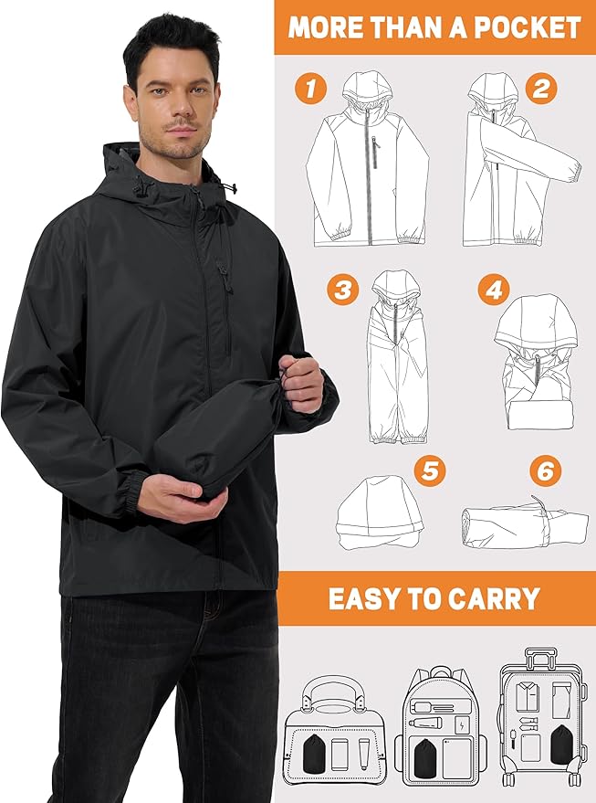 Men's Cycling Jacket Rain Jacket Waterproof Windbreaker Raincoat Running Hiking Gear Hood Lightweight Packable