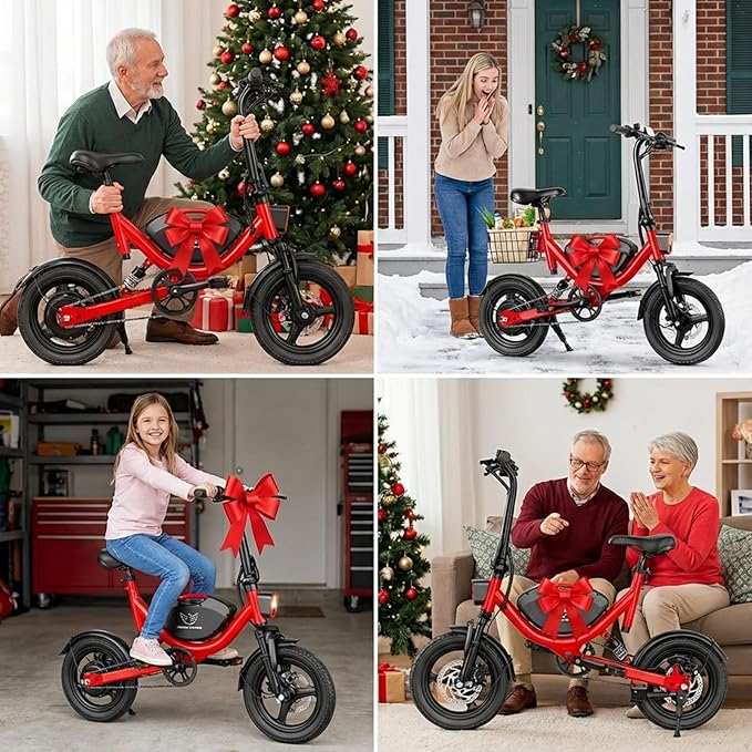 Electric Bike with Basket, 14" Folding Ebike 22 MPH, 35 Miles Range, Dual Suspension, 715W Peak Brushless Motor with 30° Uphill, Adjustable Seat, Commuter Electric Bicycle for Adults 330LBS Load
