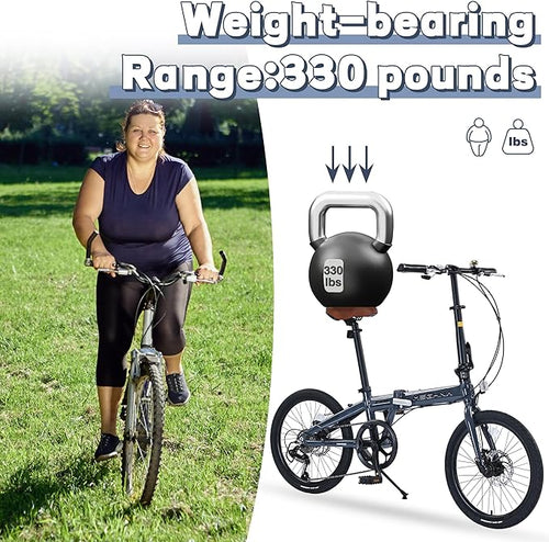 20 Inch Folding Bike with 7-Speed Shifter，Heavy Duty Folding Bike Up to 330LBS-Lightweight Aluminum Alloy Frame，Folding Commuter Bike for Women/Men/Adult/Youth,Adjustable Stem，3 Colors