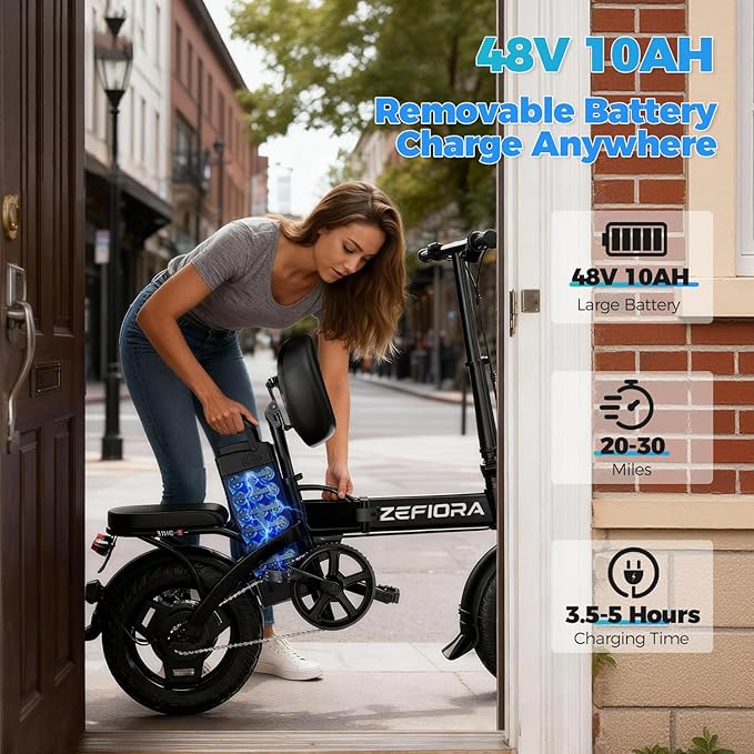Electric Bike for Adults Teens, 800W Peak Motor, 25MPH Folding Ebike, 30 Miles, 48V 10AH Removable Battery, 14" Foldable Electric Mini Bike for Commute Outdoor