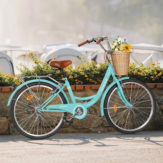 Outroad Beach Cruiser Bike, 24/26 inch Commuter Bicycle for Adult and Women,High-Carbon Steel Comfortable City Bikes with Rear Rack and Basket, (Black/Pink/White/Green/Purple)