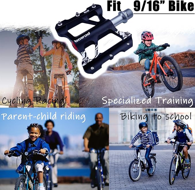 Youth MTB Mountain Bike Colored Pedals, Small Road Bike Pedals Womens MTB Flat Pedal, Kids BMX Pedals for Children's bicyle and Kid's Bike 9/16, CNC Aluminum Pedal w Cr-Mo Axel, 2Bearings,10Pins
