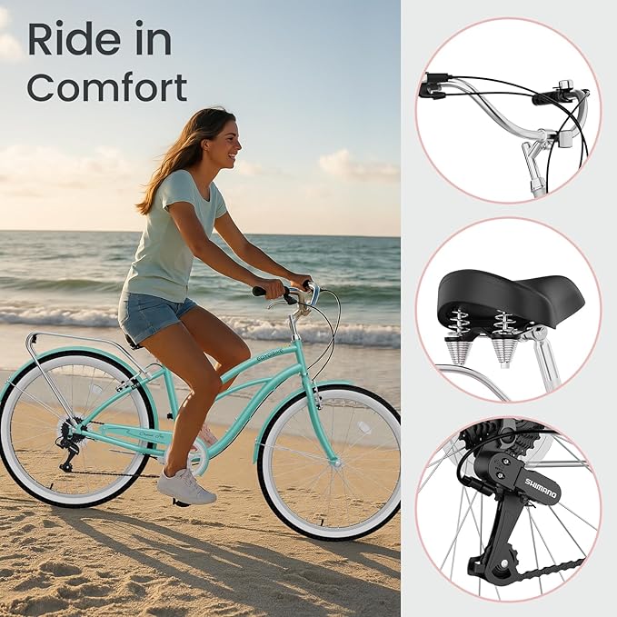 MOPHOTO 24" 26" Adult Bike 7-Speed Beach Cruiser Bike for Adults, Rear Rack, Fenders, Step-Through or Classic Frame